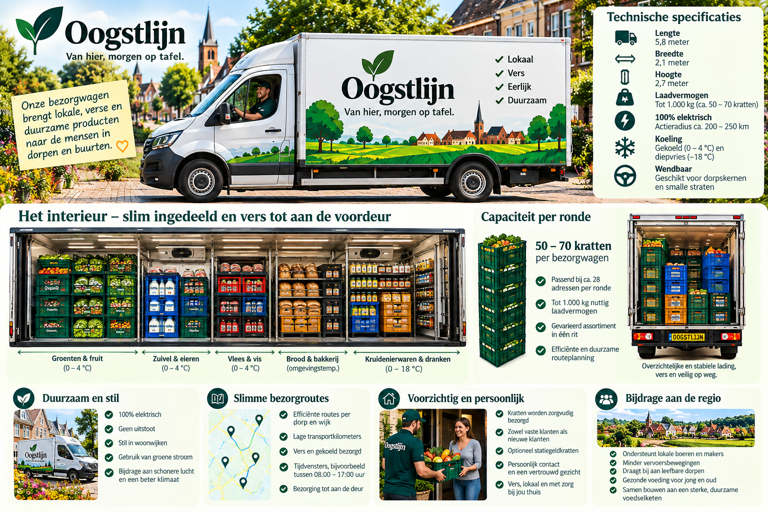 Oogstlijn-bezorgwagen: elektrische gekoelde bestelwagen met technische specificaties, de indeling van het interieur in zes zones, kratcapaciteit en pluspunten