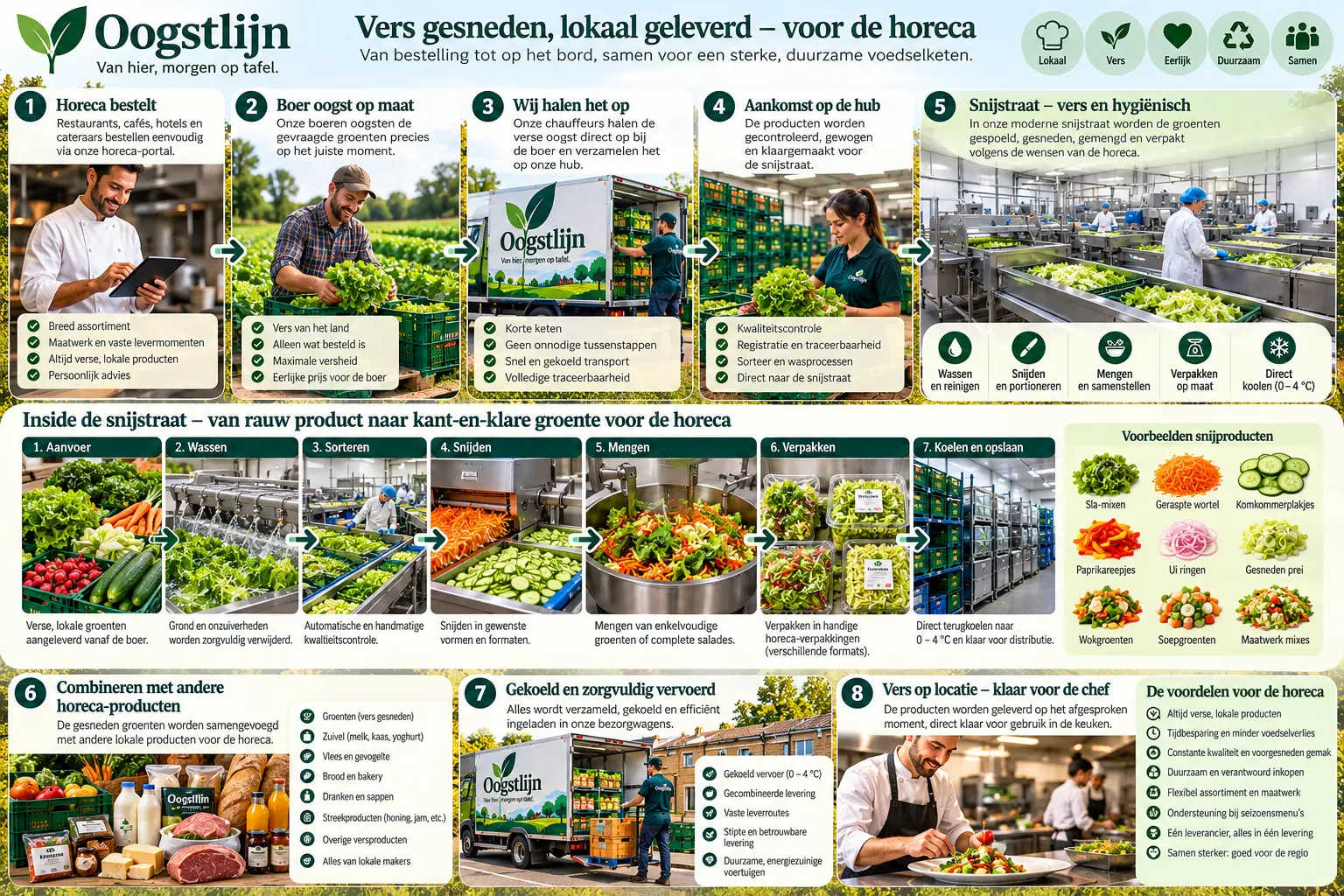Oogstlijn-snijstraat: acht stappen van horeca-bestelling over oogst, hub en snijstraat tot gekoelde levering op locatie, met een kijkje binnenin de snijstraat en voorbeelden van snijproducten