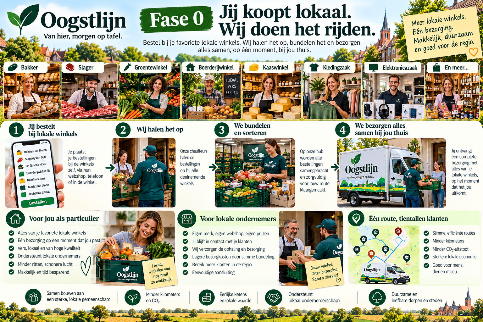 Fase 0 van Oogstlijn: bestellingen bij lokale winkels worden opgehaald, gebundeld en samen thuisbezorgd.
